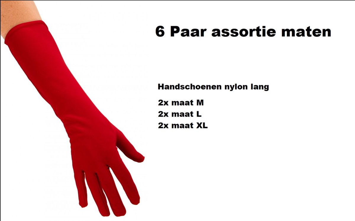 6x Paar Handschoenen nylon lang rood assortie maten M, L en XL - Themafeest | Sinterklaas | Piet | Sint | Pieten | Handschoen